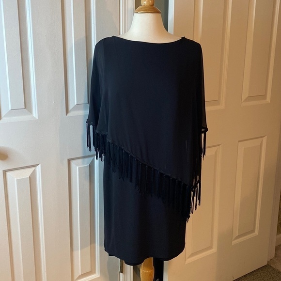 Xscape Black Dress with Fringe Cape Overlay Size 10 in EUC - Picture 1 of 6